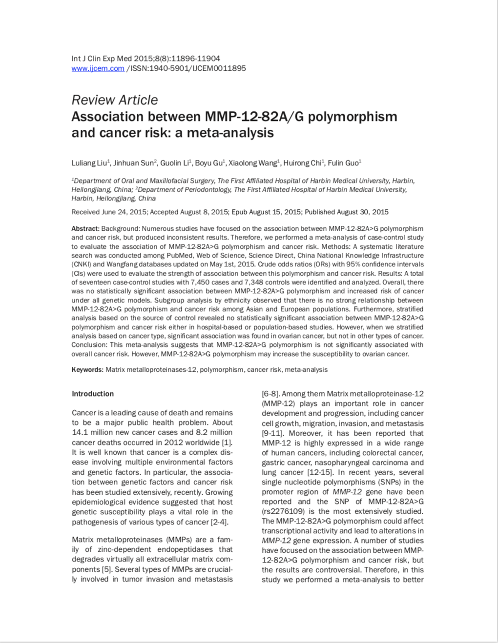 Association between MMP-12-82A/G polymorphism and cancer risk: a meta-analysis